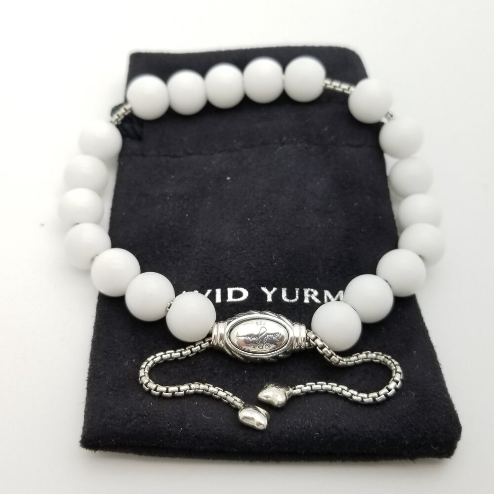 David Yurman Sterling Silver 8mm White Agate Spiritual Bead Beaded Pull Bracelet